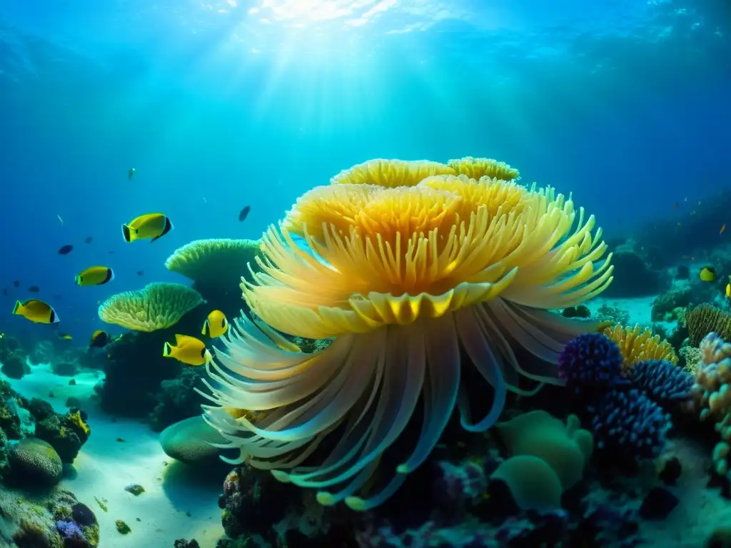 Imagen impresionante de un arrecife de coral vibrante con anémonas marinas y vida marina colorida