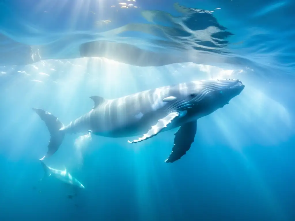 Imagen impresionante de una ballena jorobada en el océano, rodeada de peces y aves, simbiosis entre ballenas y peces limpiadores