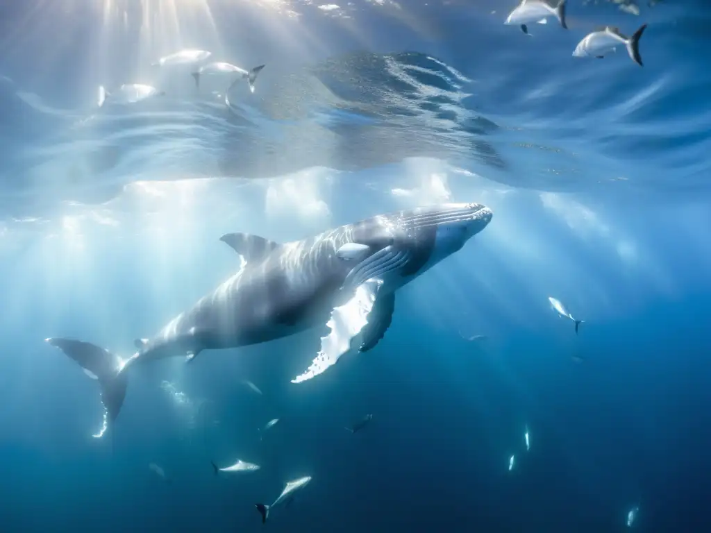 Imagen impresionante de una ballena jorobada nadando elegantemente entre peces plateados en aguas cristalinas