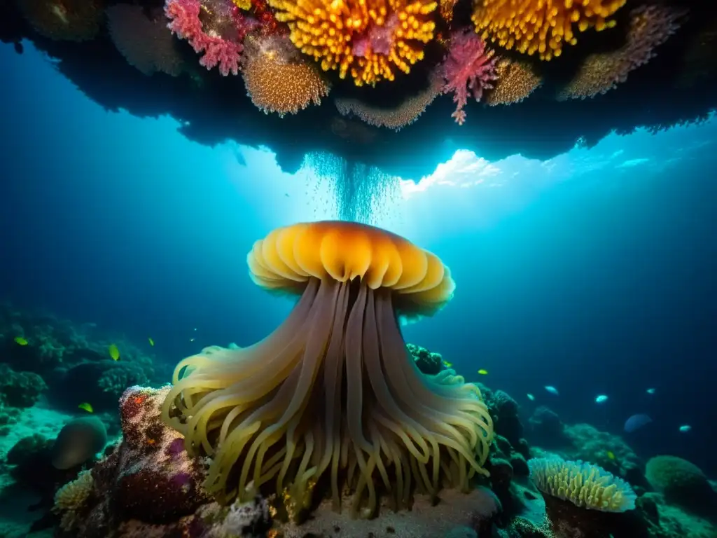 Imagen impresionante del ciclo del carbono en los abismos marinos, con vida marina vibrante y un fondo etéreo