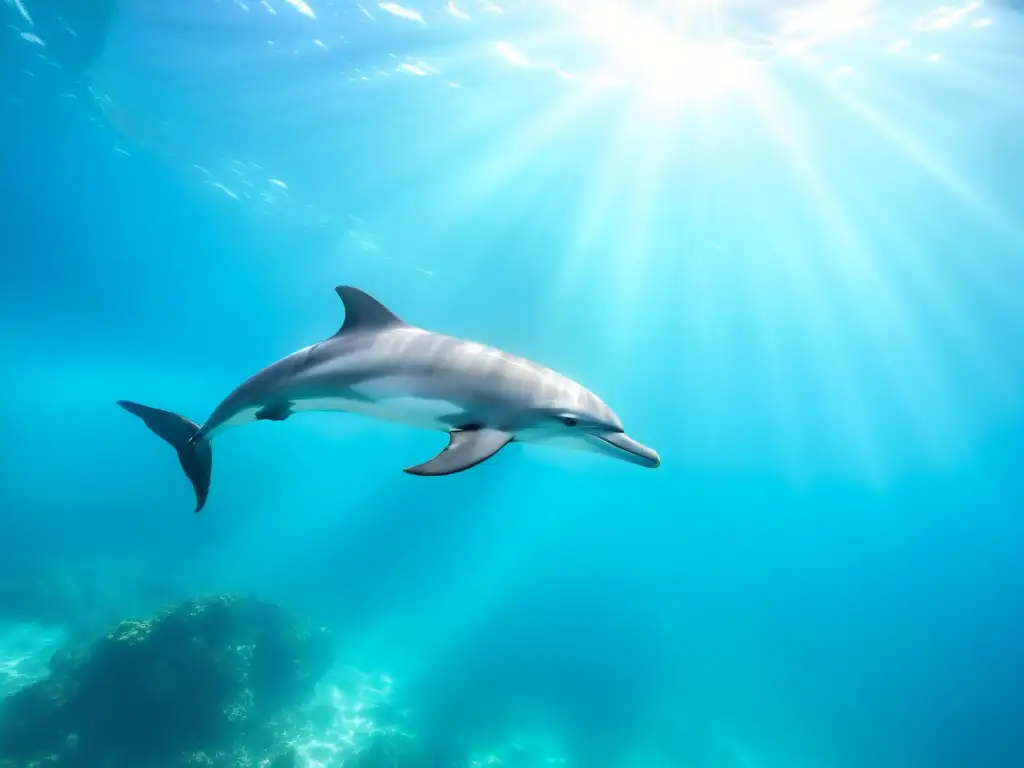 Imagen impresionante de delfines nadando graciosamente en aguas turquesa, representa la belleza dinámica y la tranquilidad del océano