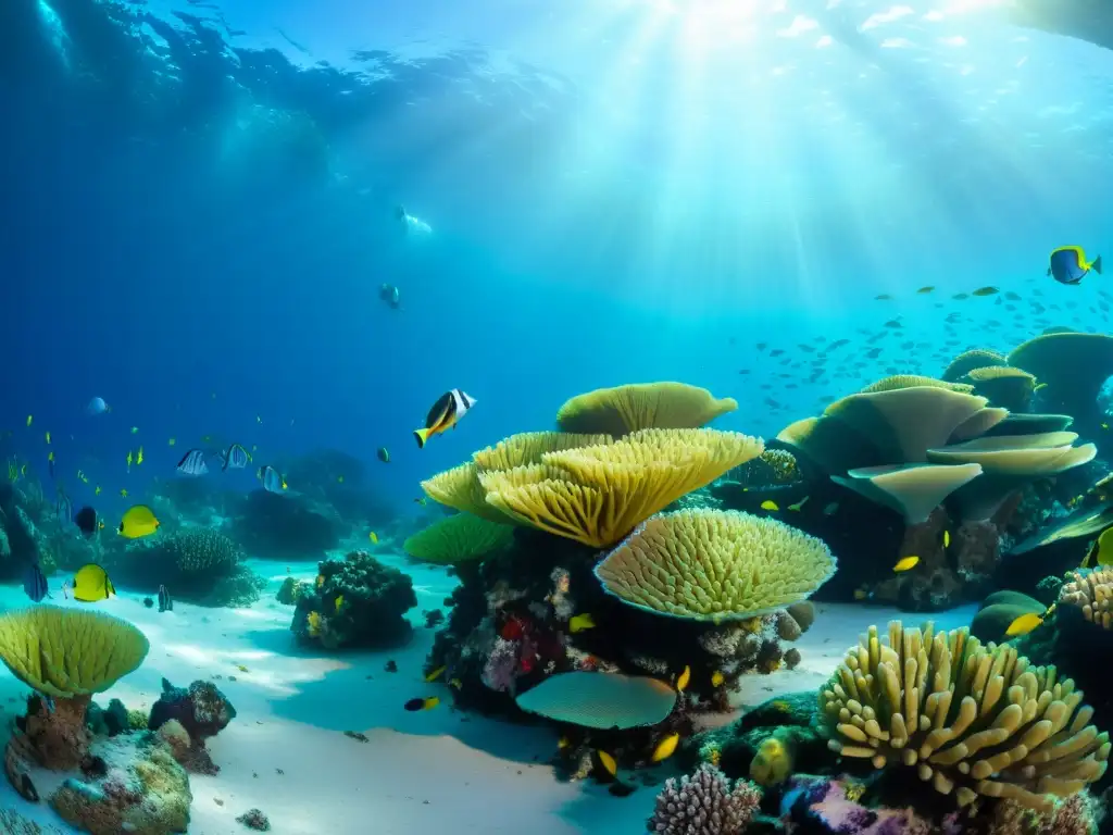 Imagen impresionante de un ecosistema submarino diverso y vibrante en una reserva marina, mostrando la biodiversidad y la protección de la vida marina