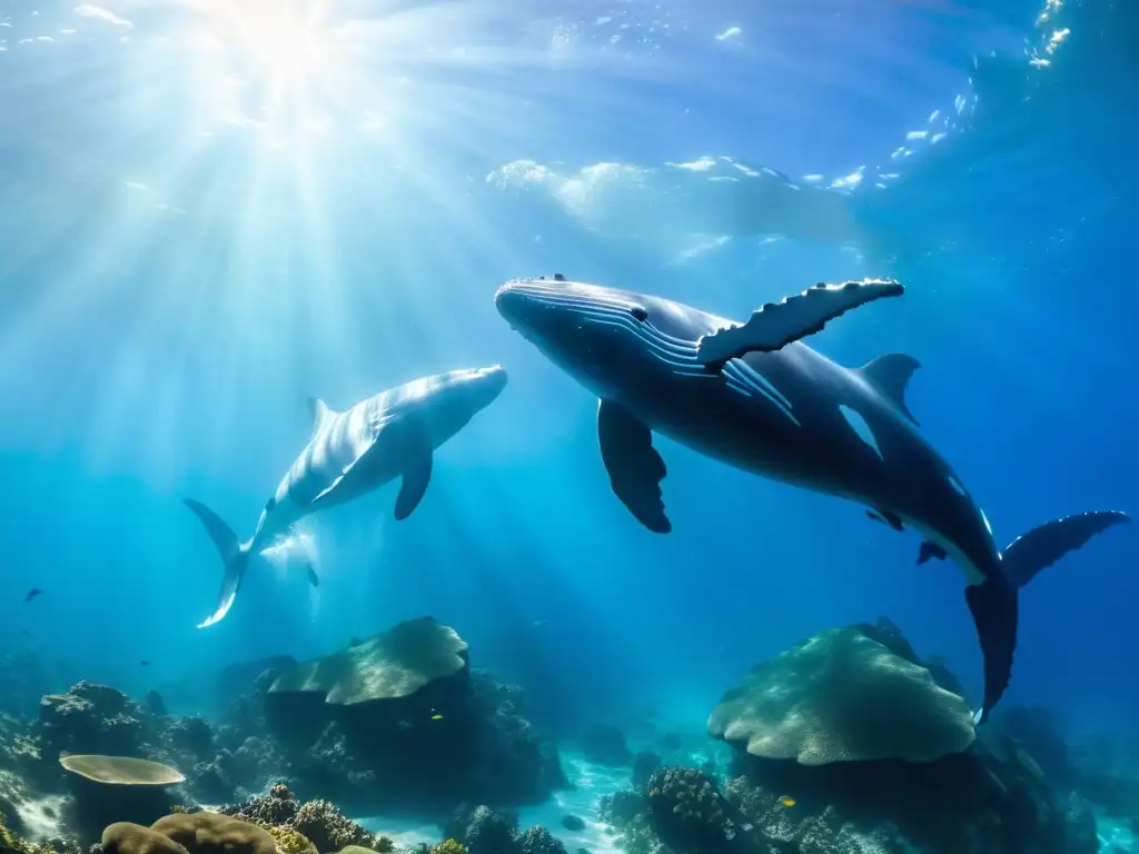 Imagen impresionante de una manada de majestuosas ballenas jorobadas nadando con gracia en un arrecife de coral vibrante