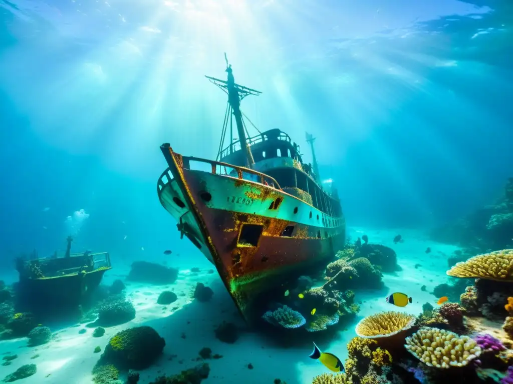 La imagen muestra un impresionante naufragio rodeado de arrecifes de coral vibrantes y peces coloridos bajo el agua