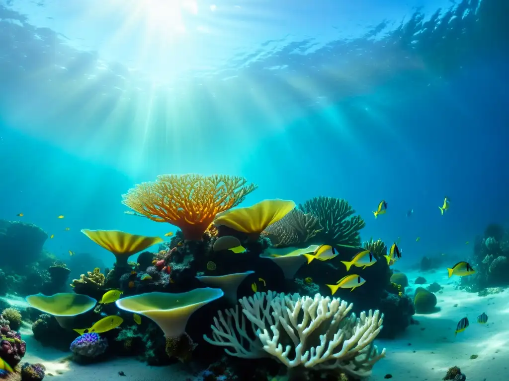 Imagen impresionante de un vibrante arrecife de coral bajo el agua, lleno de vida marina, peces coloridos y plantas marinas