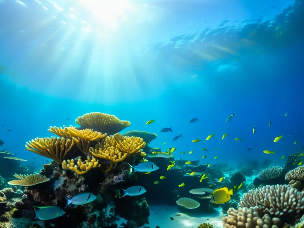 Una imagen impresionante de un vibrante arrecife de coral, con peces coloridos, plantas marinas y formaciones de coral