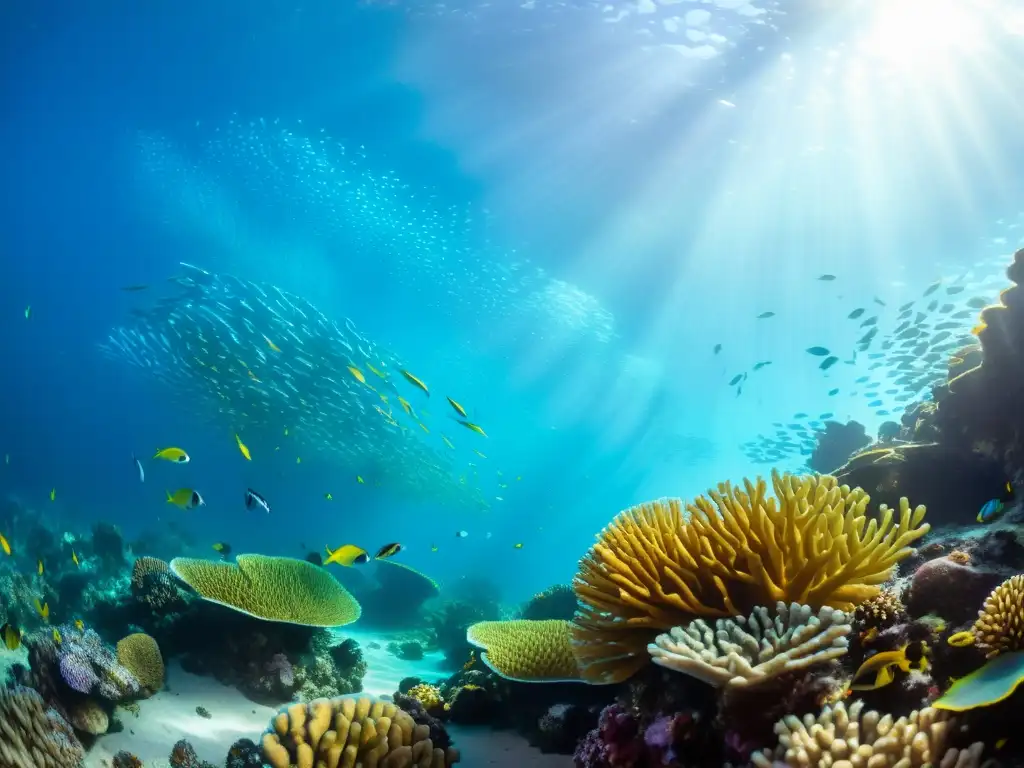 Imagen impresionante de un vibrante arrecife de coral bajo el agua, repleto de vida marina y beneficios para el cuidado de la piel con algas azules