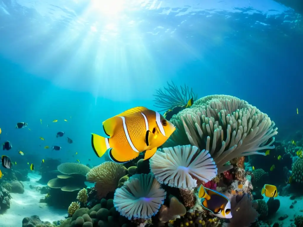 Imagen impresionante de un vibrante arrecife de coral, con variedad de peces y una tortuga marina, transmite paz y belleza natural