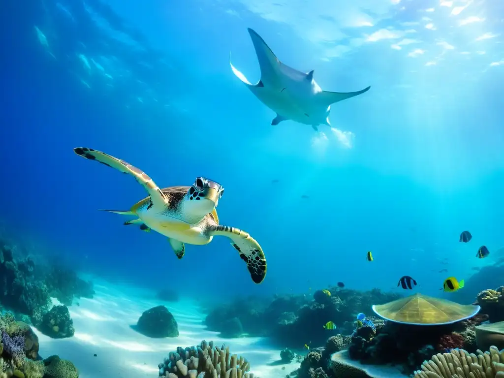 Imagen impresionante de vida marina vibrante con corales coloridos y una majestuosa mantarraya