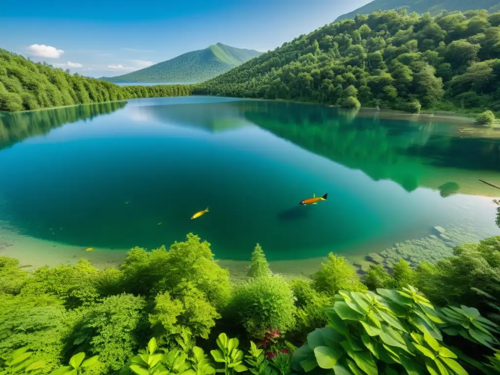 Imagen de lago cristalino rodeado de naturaleza, con peces nativos y especies invasoras