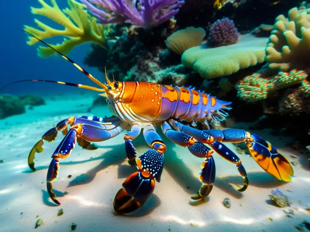 Imagen de una langosta espinosa caribeña descansando en un arrecife de coral, con detalles intrincados y colores vibrantes