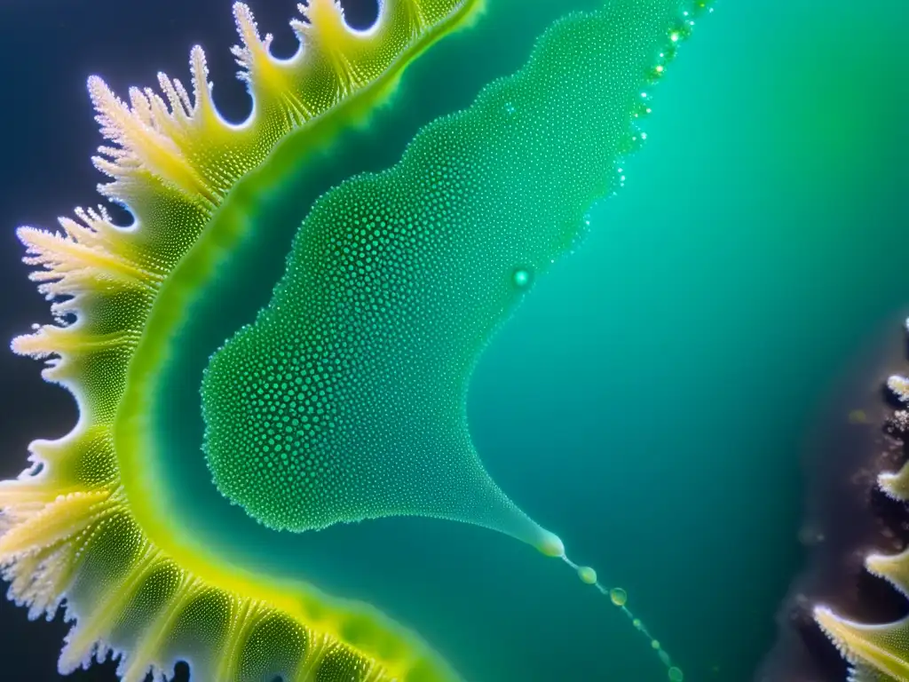 Una imagen macro del plankton marino suspendido en agua cristalina, mostrando su belleza iridiscente y estructuras delicadas