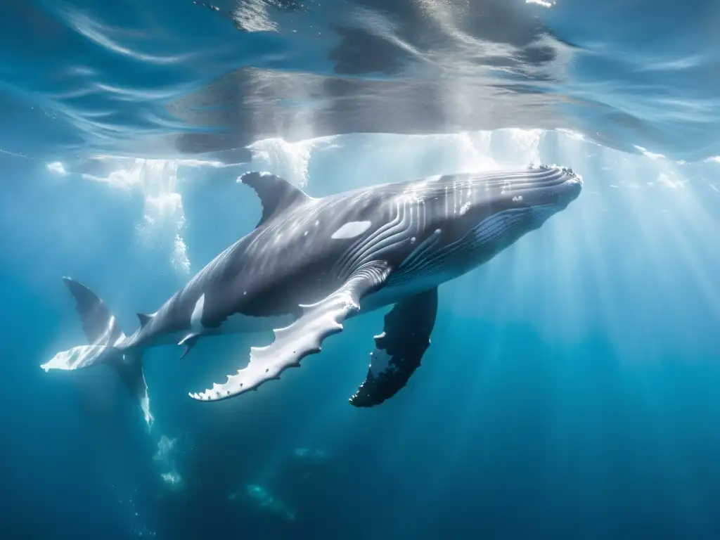 Imagen de una majestuosa ballena jorobada nadando grácilmente en aguas cristalinas, capturada desde abajo para mostrar su impresionante escala y poder