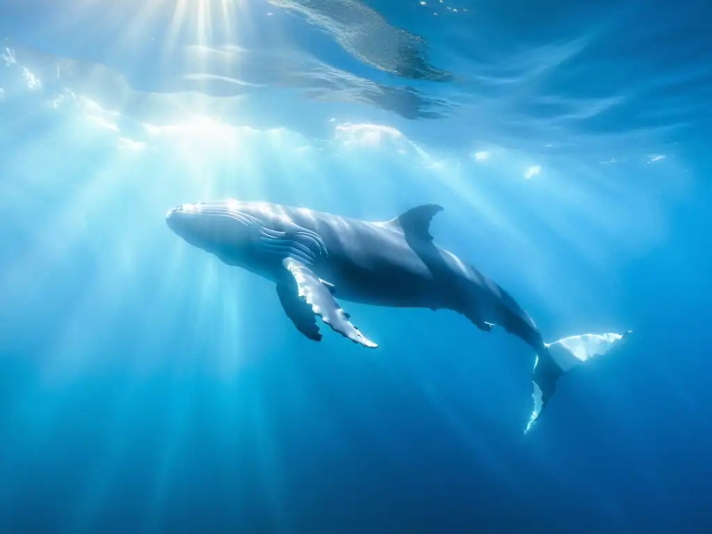 Imagen de una majestuosa ballena jorobada nadando en aguas cristalinas, rodeada de peces brillantes