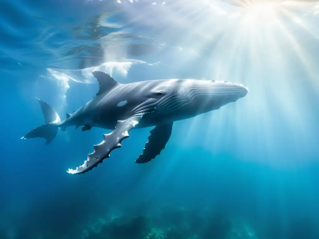 Imagen de una majestuosa ballena jorobada navegando con gracia en aguas cristalinas, rodeada de vida marina y arrecifes de coral vibrantes