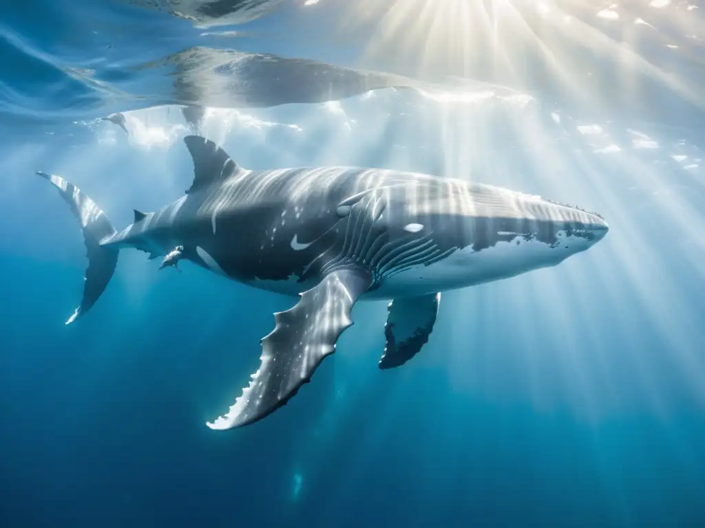 Imagen de majestuosa ballena jorobada nadando junto a tiburones plateados en un santuario submarino protegido