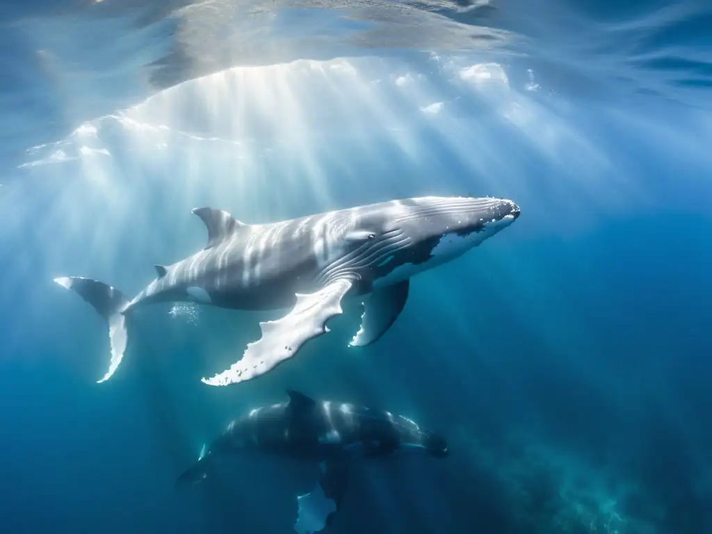 Imagen 8k de majestuosas ballenas jorobadas en su fenómeno migratorio, surcando aguas cristalinas con sombras etéreas y vida vibrante