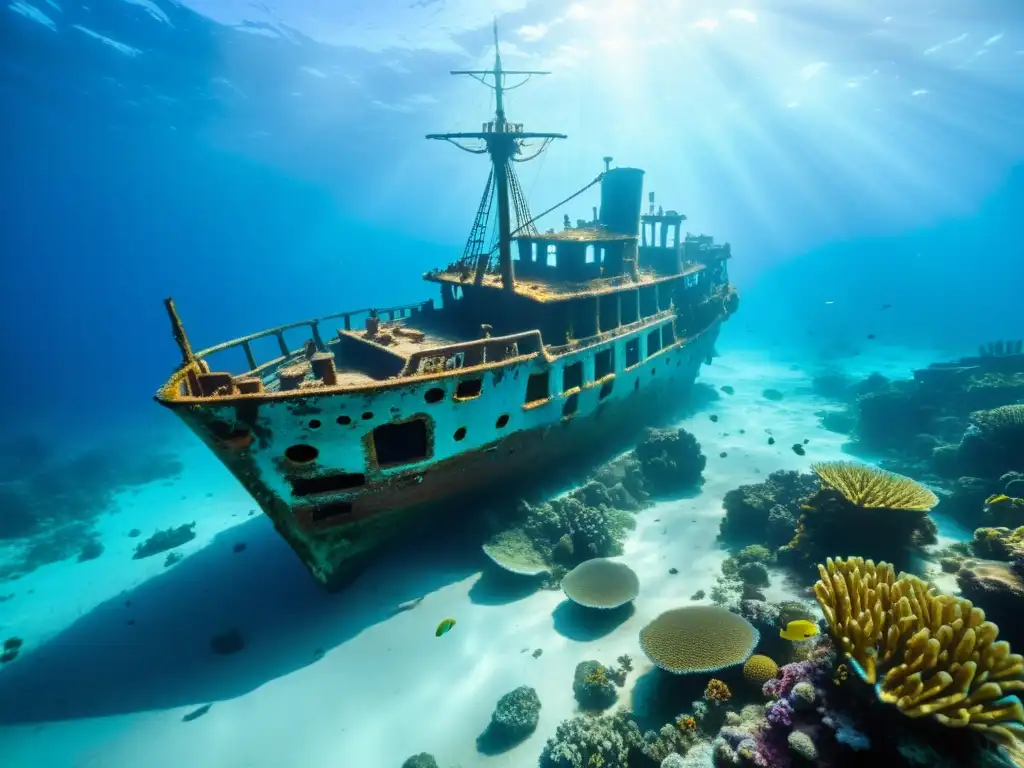 Imagen de un majestuoso naufragio rodeado de arrecifes de coral vibrantes, con rayos de sol iluminando los detalles del barco