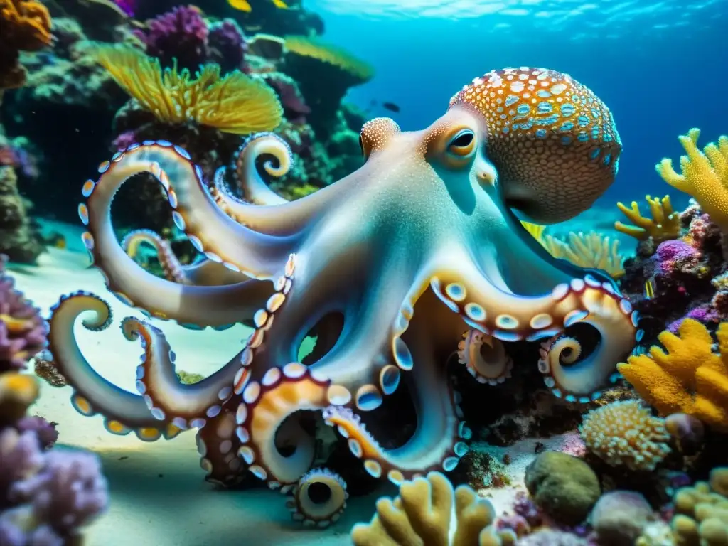 Imagen de un majestuoso pulpo nadando entre arrecifes de coral coloridos, bajo la luz natural del agua