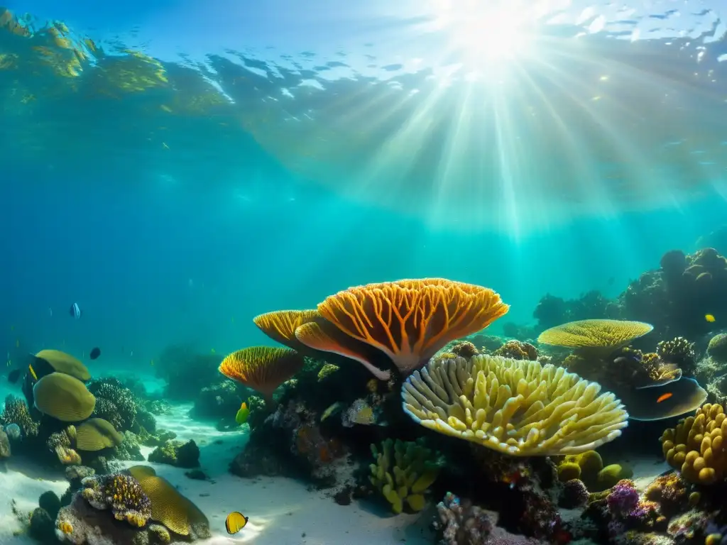 Imagen marina de cangrejos y langostas en su hábitat natural, con luz solar filtrada y coloridos corales