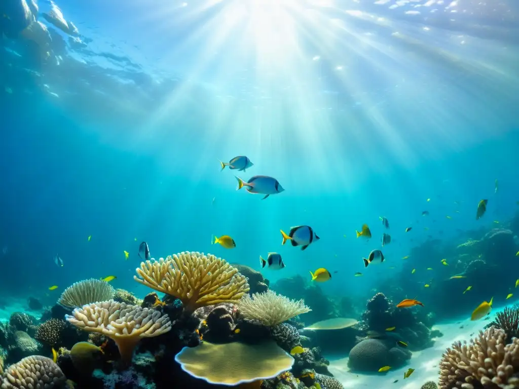 Una imagen marina impactante muestra un vibrante arrecife de coral lleno de vida y color, creando un mundo submarino de tranquilidad y asombro