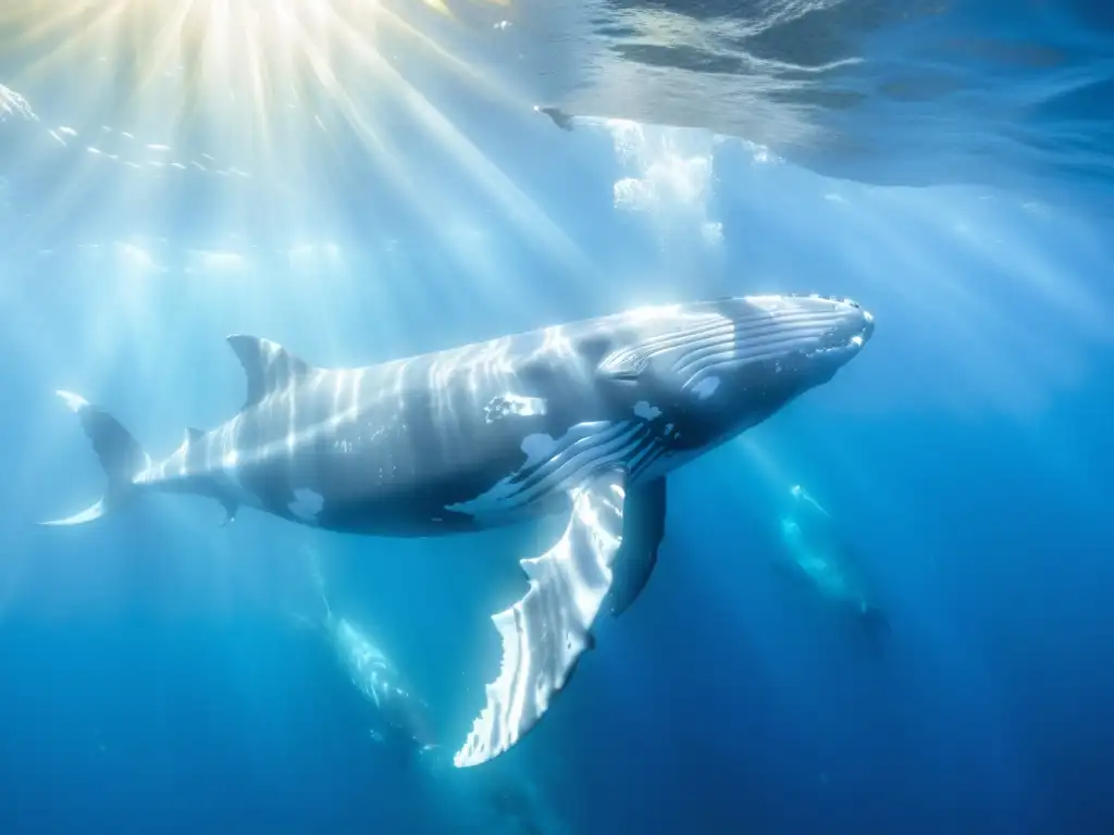 Imagen marina: majestuosas ballenas jorobadas nadando entre peces en aguas cristalinas, comunicación marina ballenas eco