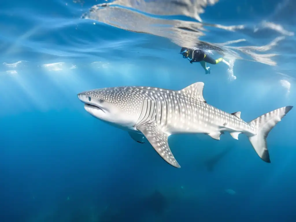 Imagen de conservación del tiburón ballena migratorio en su hábitat natural, rodeado de peces plateados y un arrecife de coral vibrante