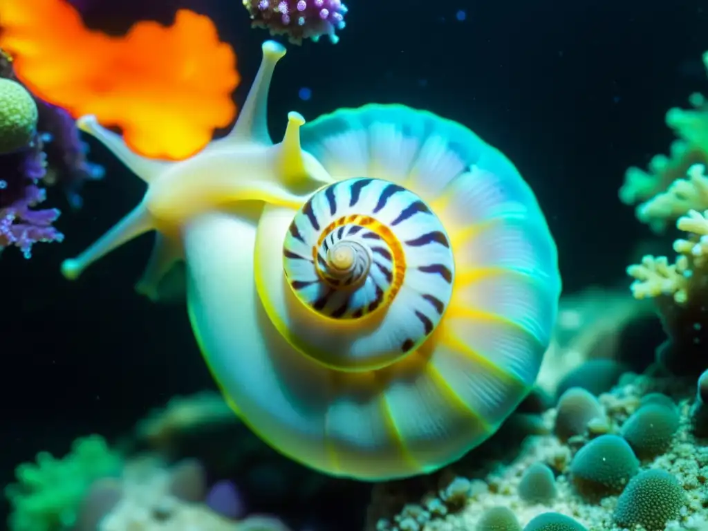 Imagen de identificación moluscos caracoles marinos en arrecife de coral vibrante, con patrones y colores vibrantes, bajo el agua cristalina