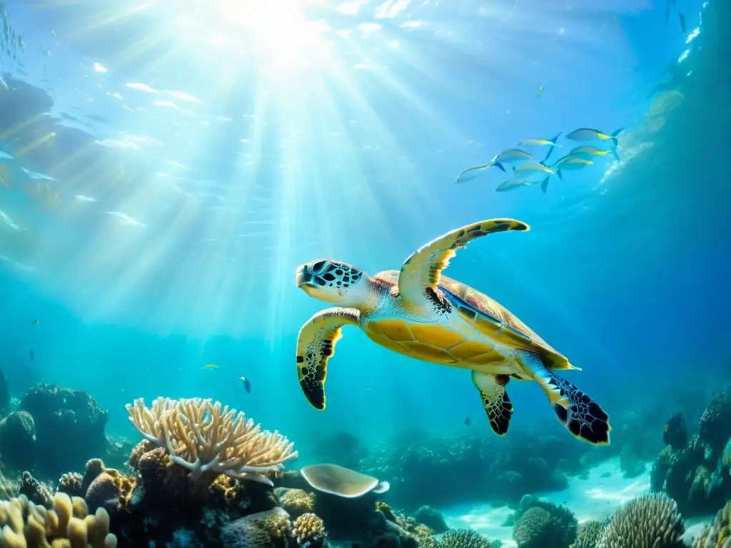 Imagen de un mundo submarino vibrante y sereno con coral y tortuga, invitando a explorar el buceo embarazo riesgos recomendaciones