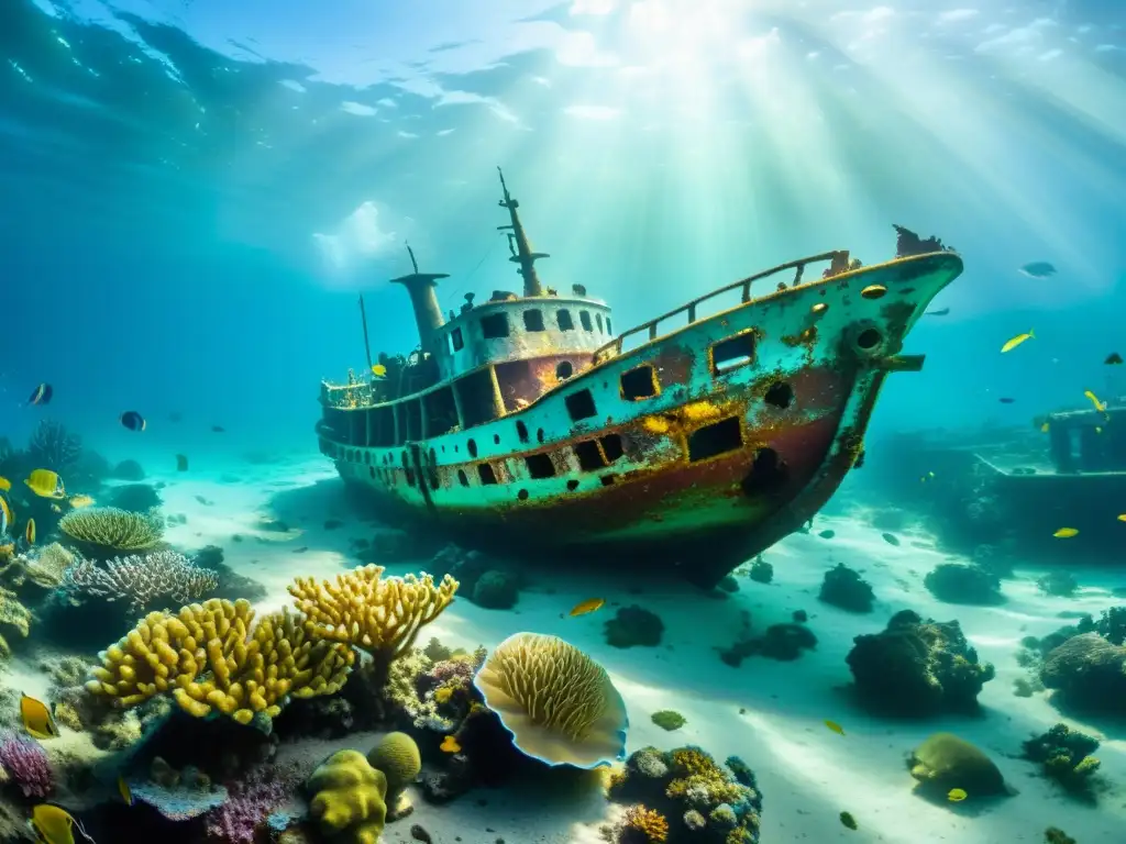 Imagen de un naufragio con coral vibrante y vida marina, iluminado por el sol