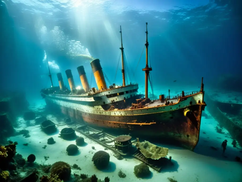 Imagen del naufragio del Titanic en el fondo marino, con vida marina y una atmósfera misteriosa