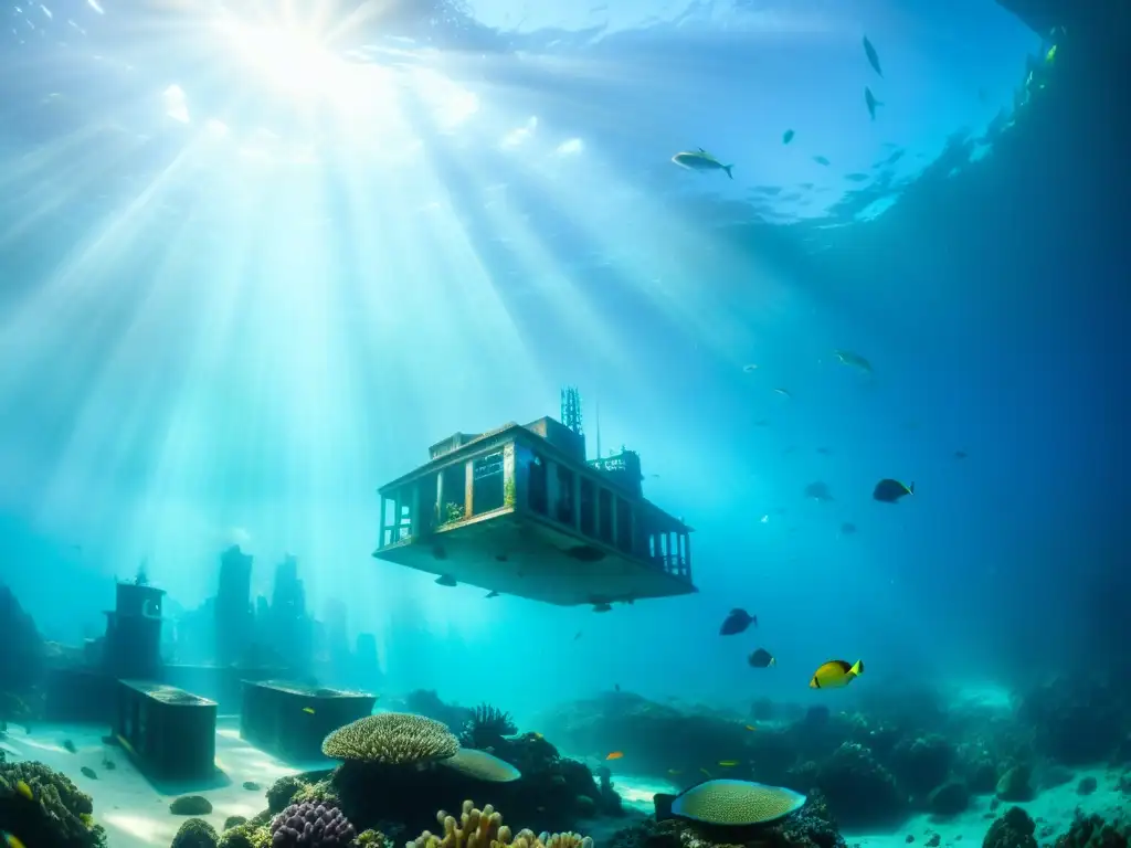 Imagen de novela futurista con una ciudad sumergida, vida marina y un aura misteriosa bajo el mar