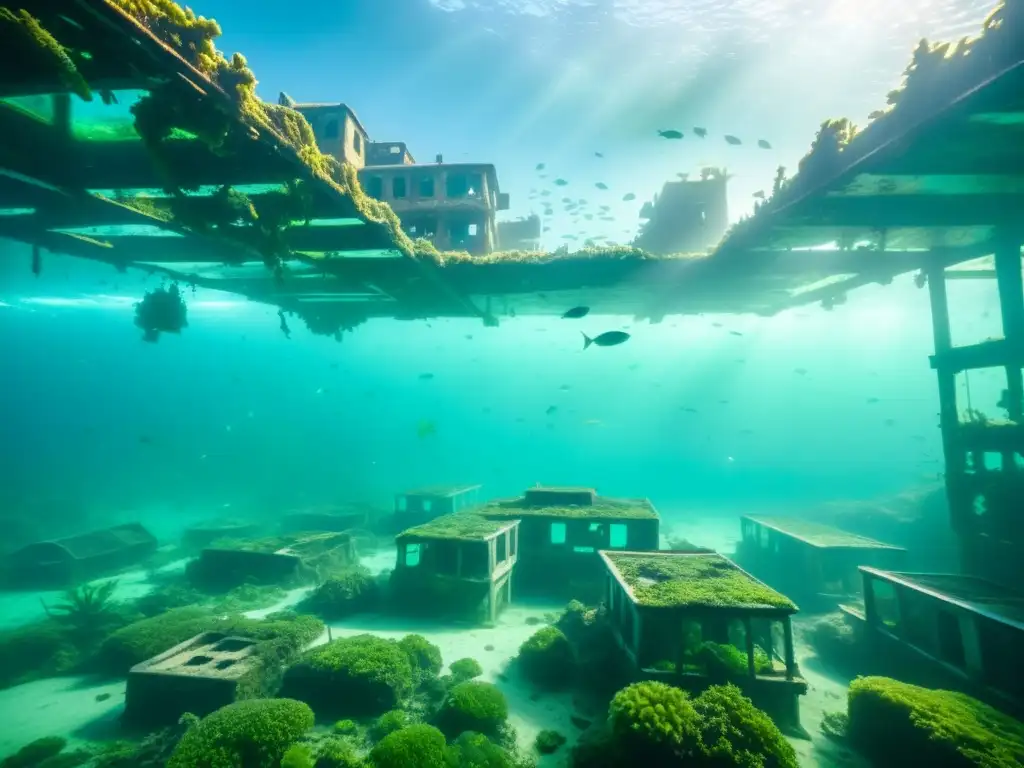 Imagen de novela futurista de vida marina en una ciudad sumergida, con misteriosa belleza bajo el agua