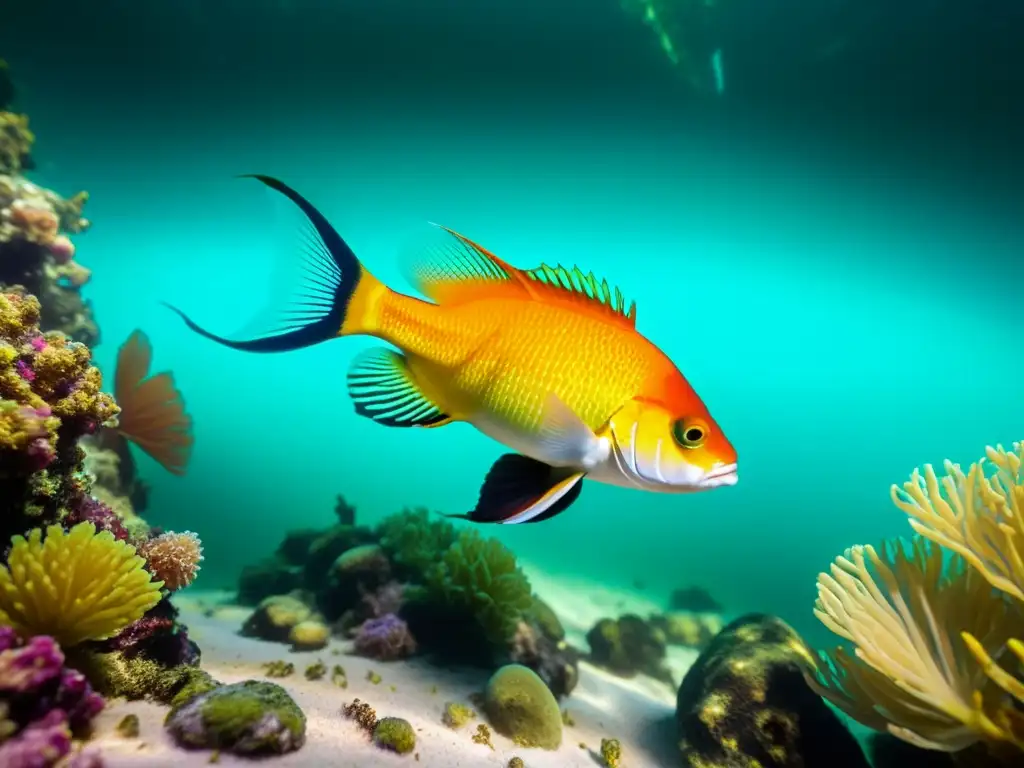 Imagen de una nueva especie marina nunca antes vista, con colores vibrantes y detalles intrincados, en su hábitat natural bajo el agua cristalina