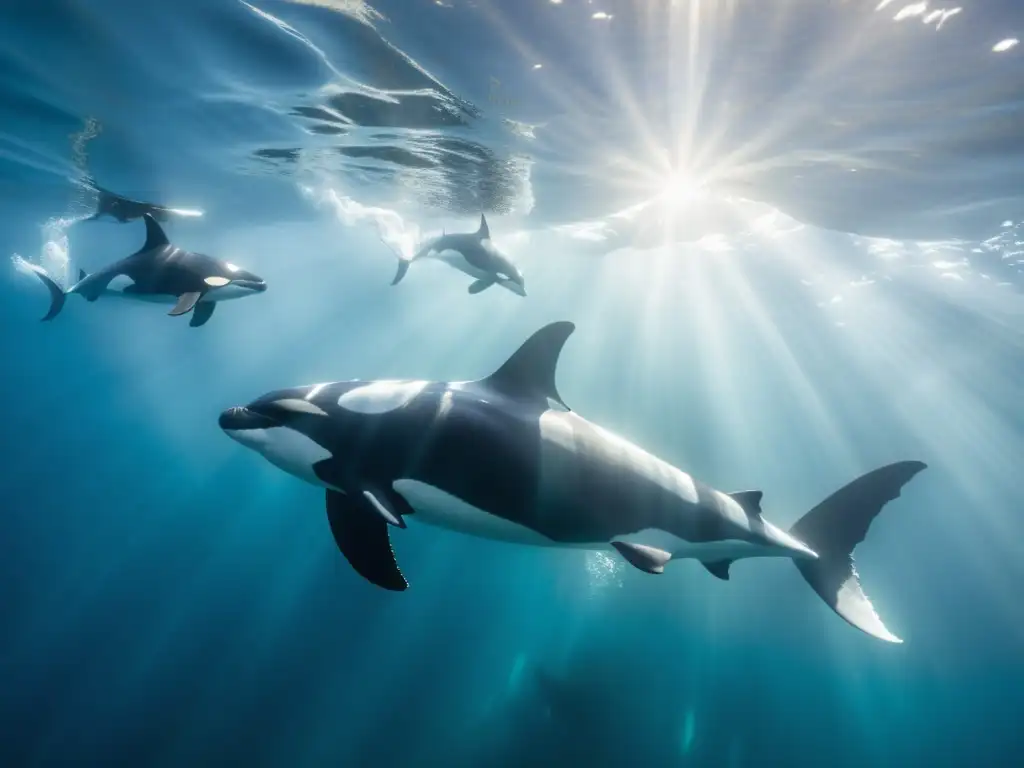 Imagen de orcas gráciles y majestuosas nadando en aguas cristalinas, con la luz del sol filtrándose desde la superficie