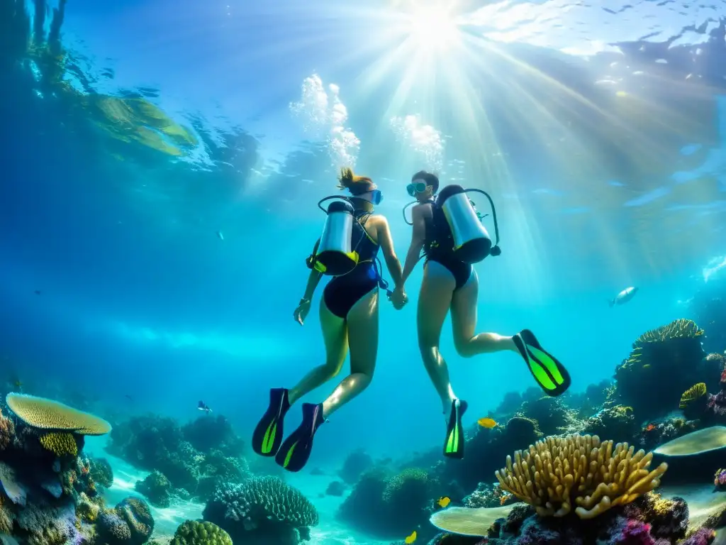 Imagen de pareja buceando entre arrecife de colores, iluminados por la luz del sol