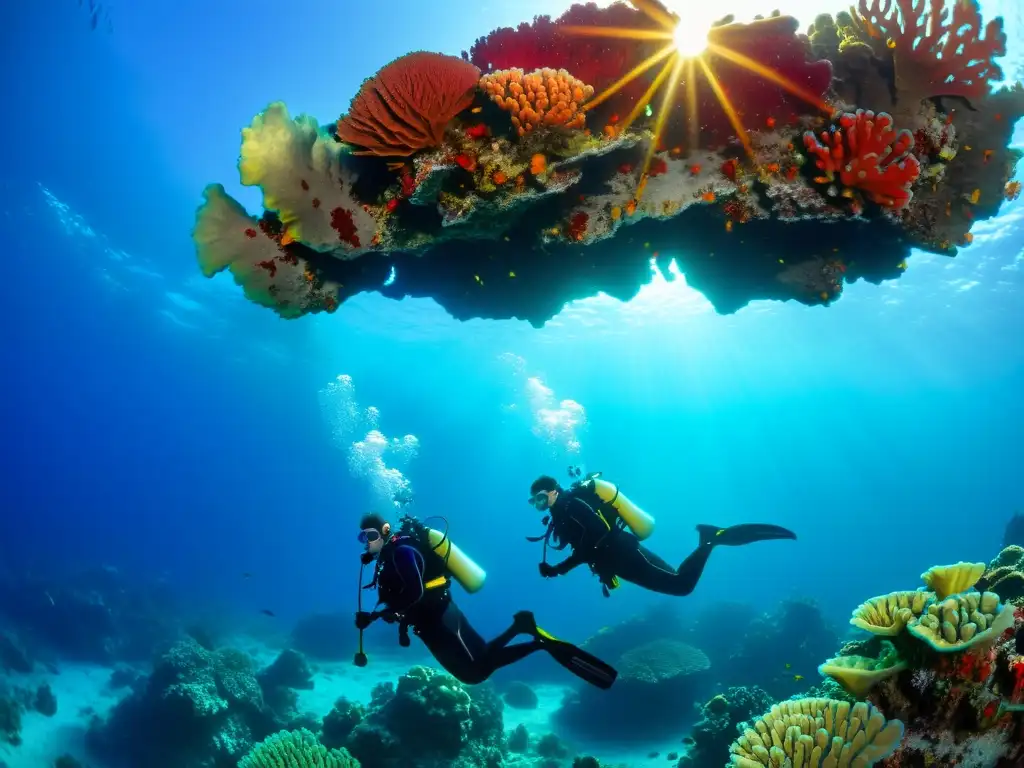 Imagen de pareja con equipos de buceo explorando arrecife de coral, creando una atmósfera de aventura y tranquilidad bajo el agua cristalina