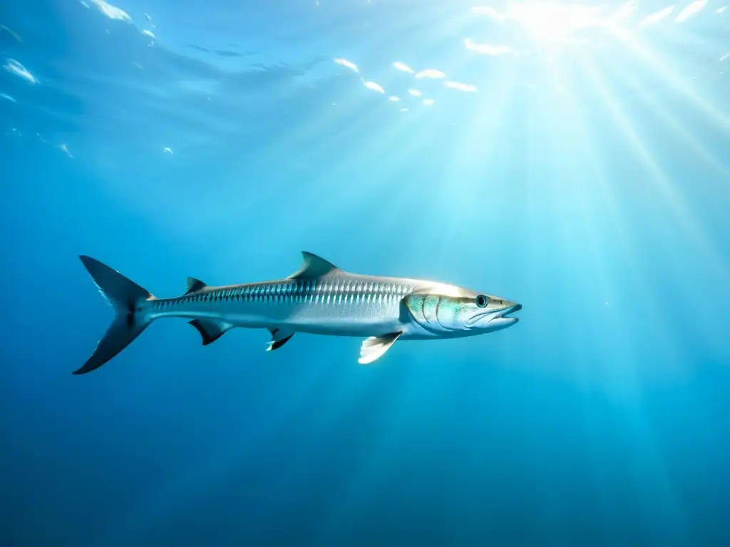 Imagen 8K de peces pelágicos guía reconocer especies, majestuosos barracudas plateados nadando en aguas cristalinas