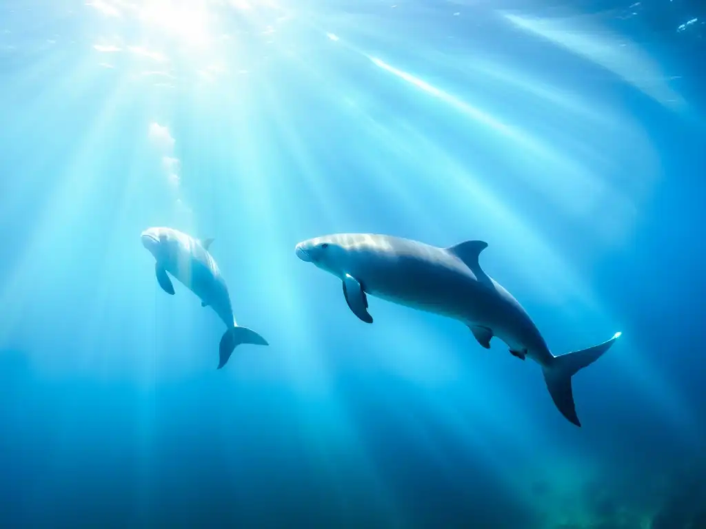 Imagen del Proyecto de rescate del manatí: manatíes gráciles nadando en un océano azul cristalino, iluminados por rayos de sol