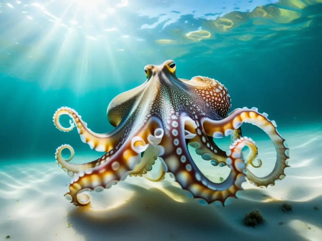 Imagen de un pulpo grácil y vibrante en aguas cristalinas, con sus tentáculos translúcidos ondeando como cintas al sol