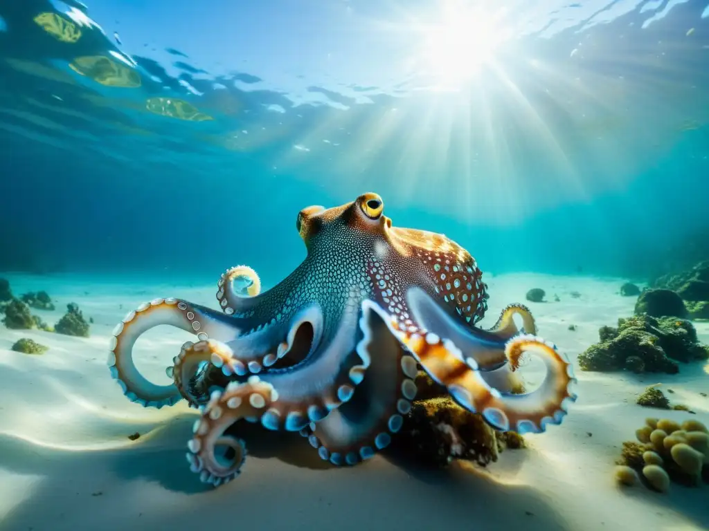 Imagen de un pulpo sostenible en aguas cristalinas, con patrones y texturas hipnóticas, perfecta para recetas innovadoras de pulpo sostenible