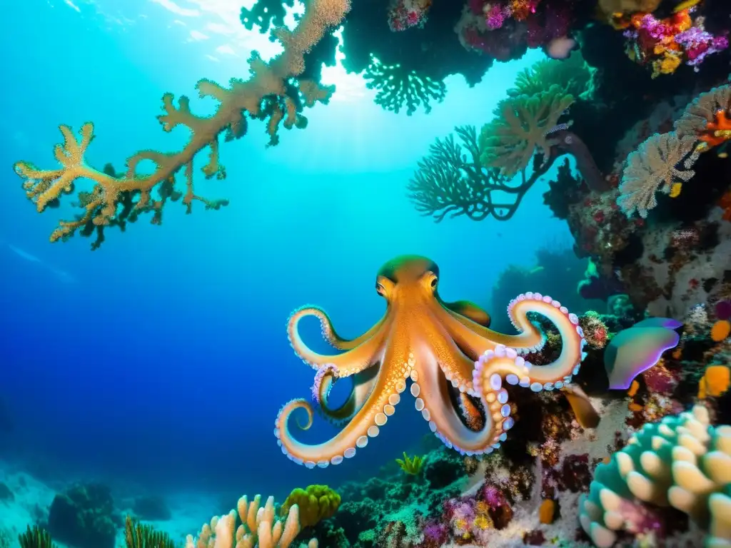 Imagen de un pulpo sostenible en arrecife de coral, mostrando su piel iridiscente en un ambiente marino vibrante