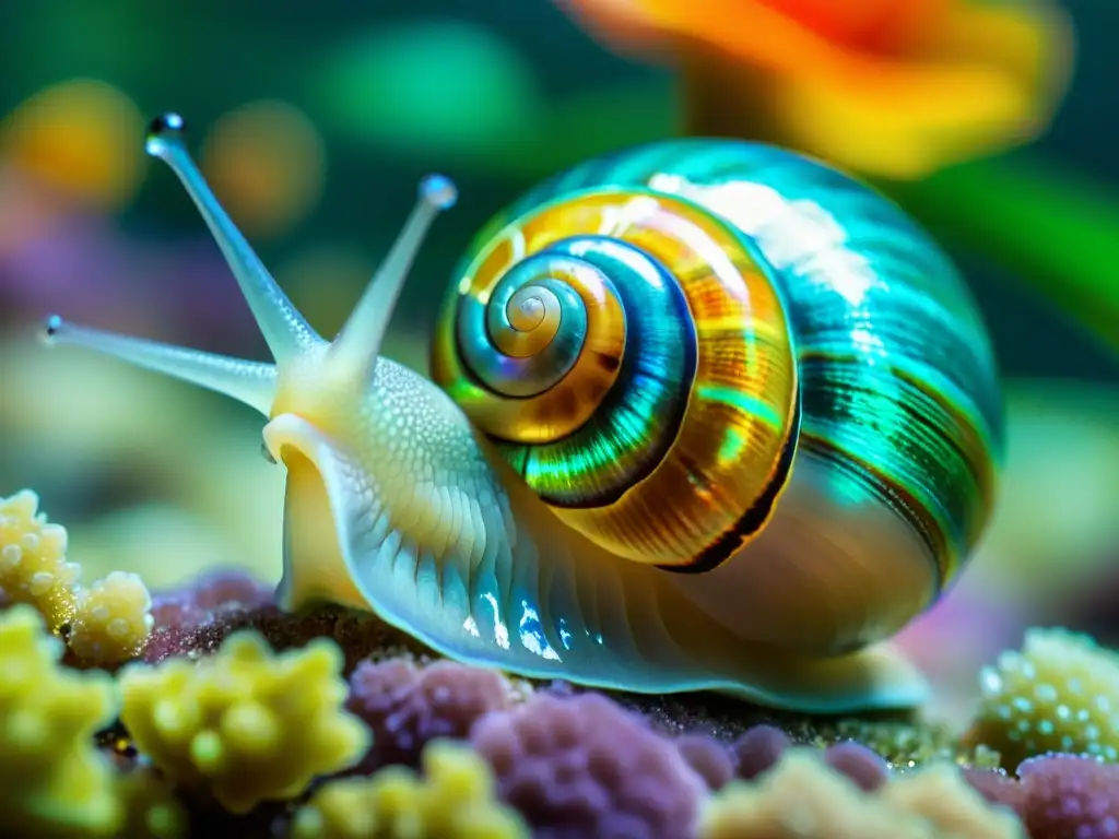 Imagen de alta resolución de un paisaje submarino vibrante con un caracol delicado en un lecho de coral iridiscente