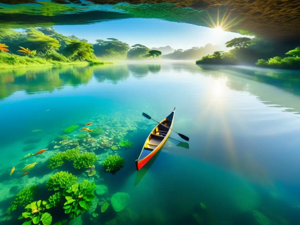 Imagen de un río sagrado y ancestral, con aguas cristalinas, vida submarina colorida y rayos de sol filtrándose