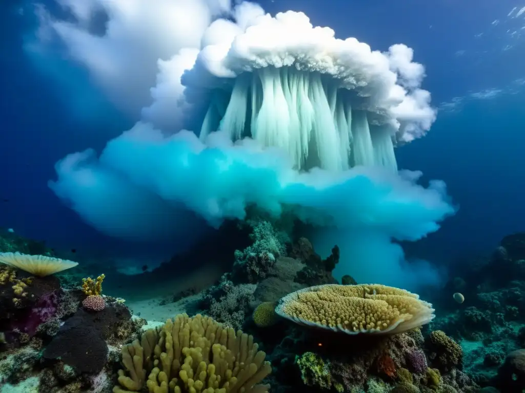 Imagen sorprendente de volcanes activos en el lecho marino, con vida marina vibrante y belleza surrealista