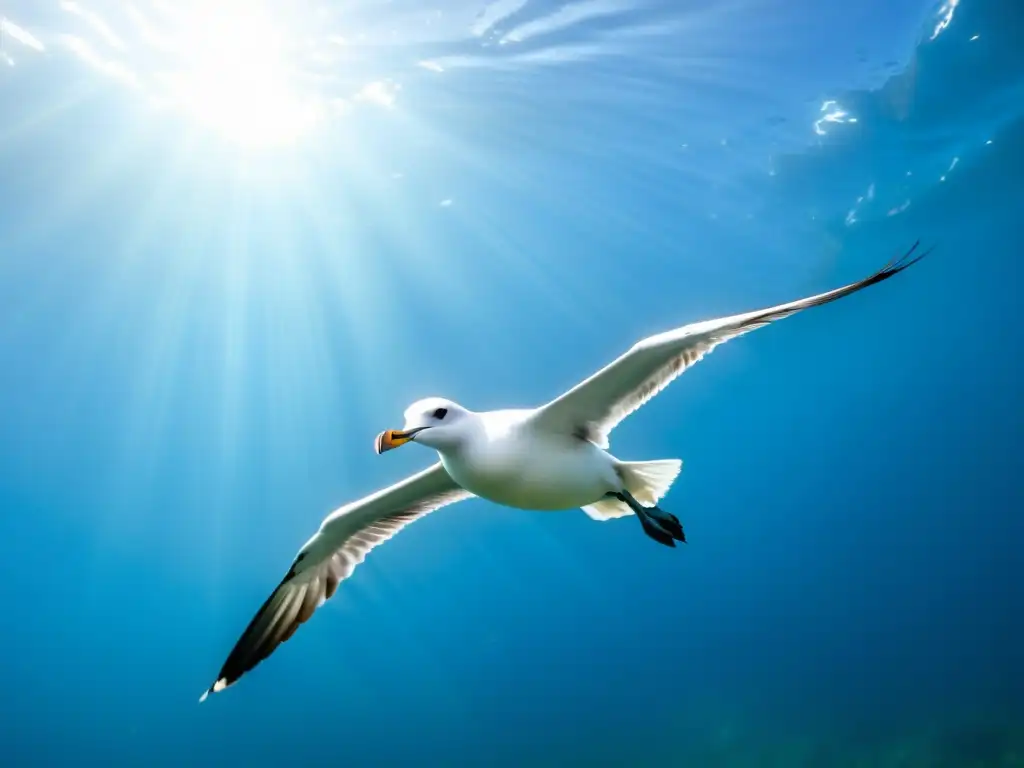 Imagen subacuática de un albatros majestuoso surcando aguas cristalinas, mostrando la vida de las aves pelágicas en su hábitat natural