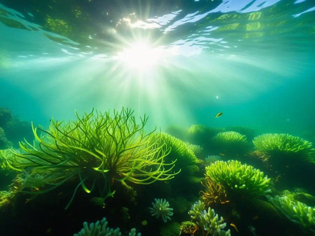 Imagen subacuática impactante de plantas invasoras, enredadas y densas, con peces nadando entre ellas