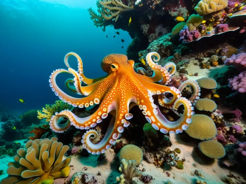 Una imagen subacuática de un pulpo colorido maniobrando entre arrecifes de coral