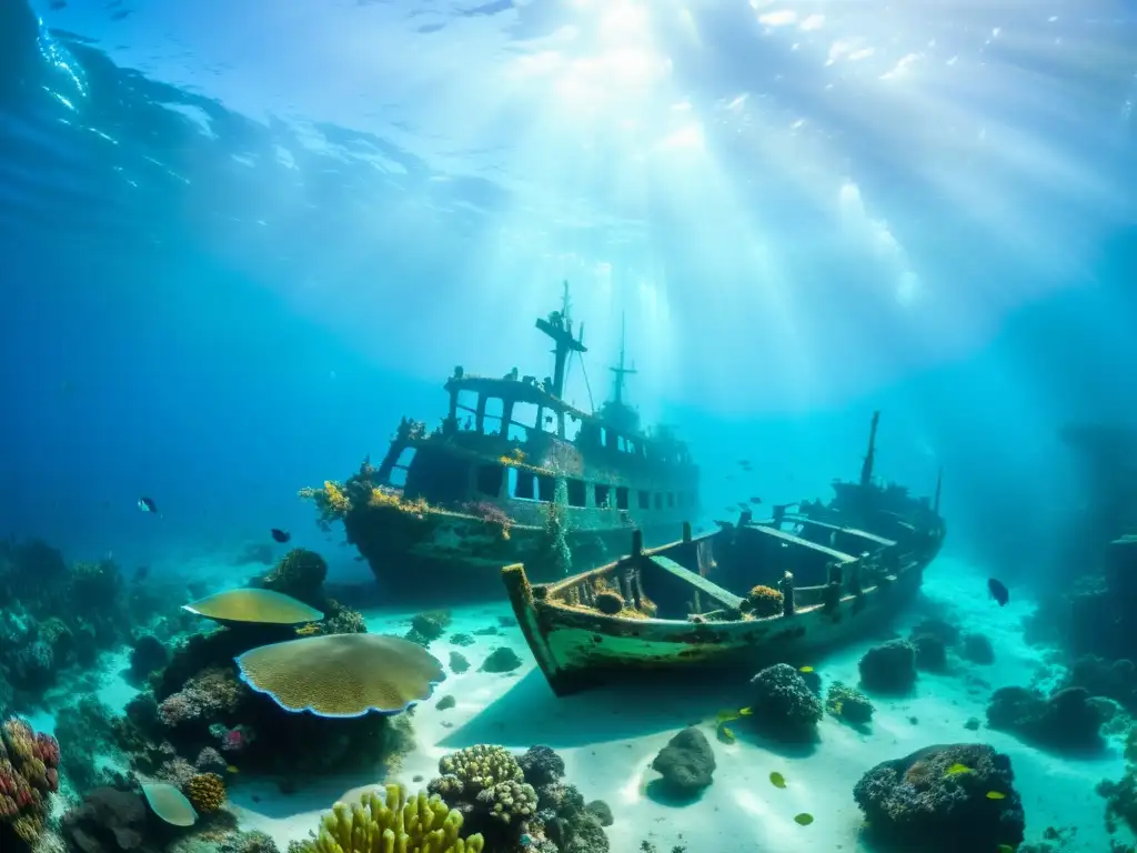 Imagen submarina de un antiguo barco hundido rodeado de vida marina y misteriosas sirenas, capturando la esencia de Ferias Marinas Leyendas del Mar