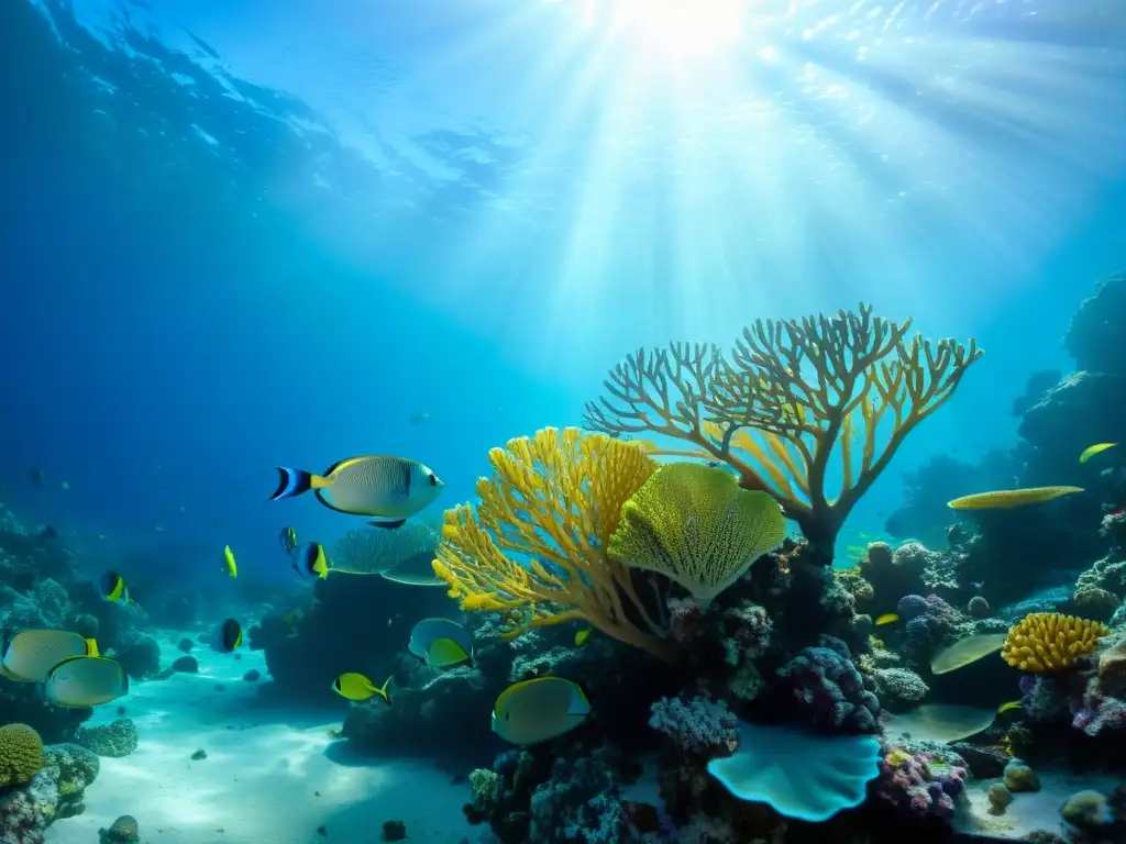 Imagen submarina de arrecife de coral vibrante y biodiverso, con peces coloridos, abanicos de mar y formaciones coralinas